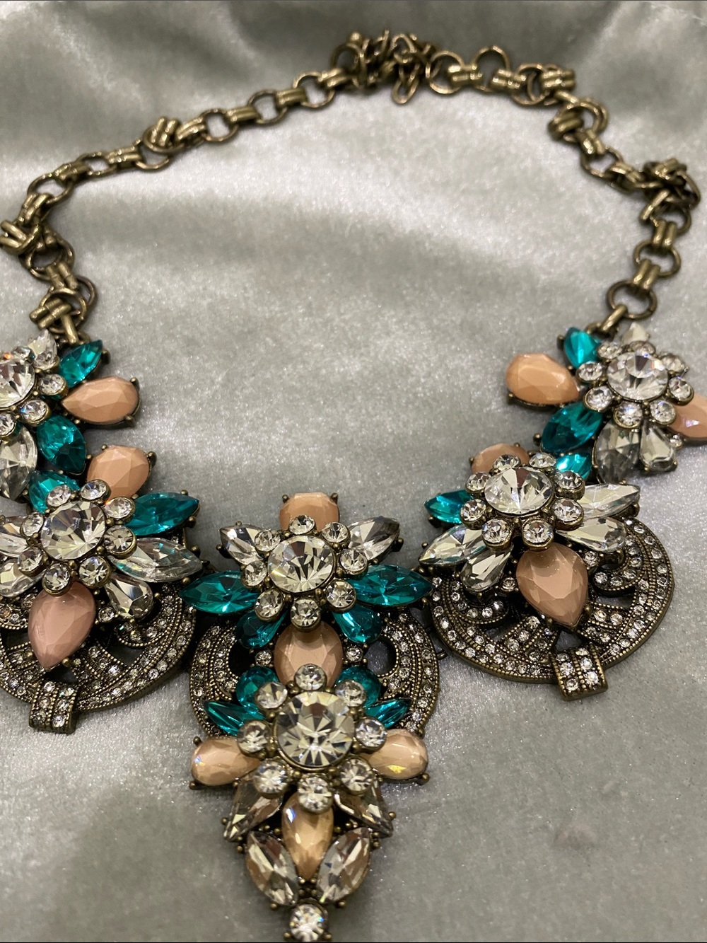 Statement Floral Crystal Necklace - Teal & Blush